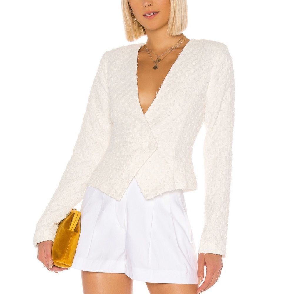 LPA White Lori Collarless Asymmetric/Tassel Hem Blazer